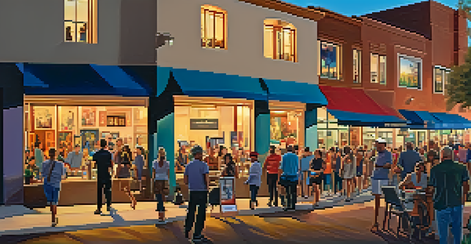 A lively street scene during the Scottsdale Art Walk, featuring illuminated art galleries and people chatting in a warm evening atmosphere.