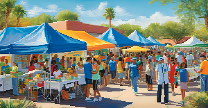 A bustling community health fair with residents participating in health screenings and educational workshops, surrounded by colorful tents and greenery.