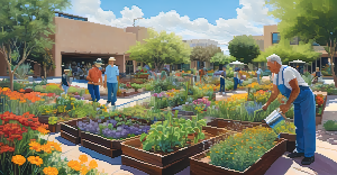 A diverse group of gardeners working in a colorful community garden, surrounded by native plants and urban buildings, with pollinators like bees and butterflies visible.