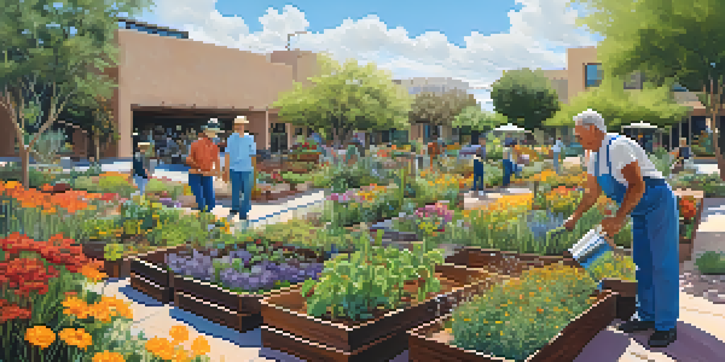 A diverse group of gardeners working in a colorful community garden, surrounded by native plants and urban buildings, with pollinators like bees and butterflies visible.