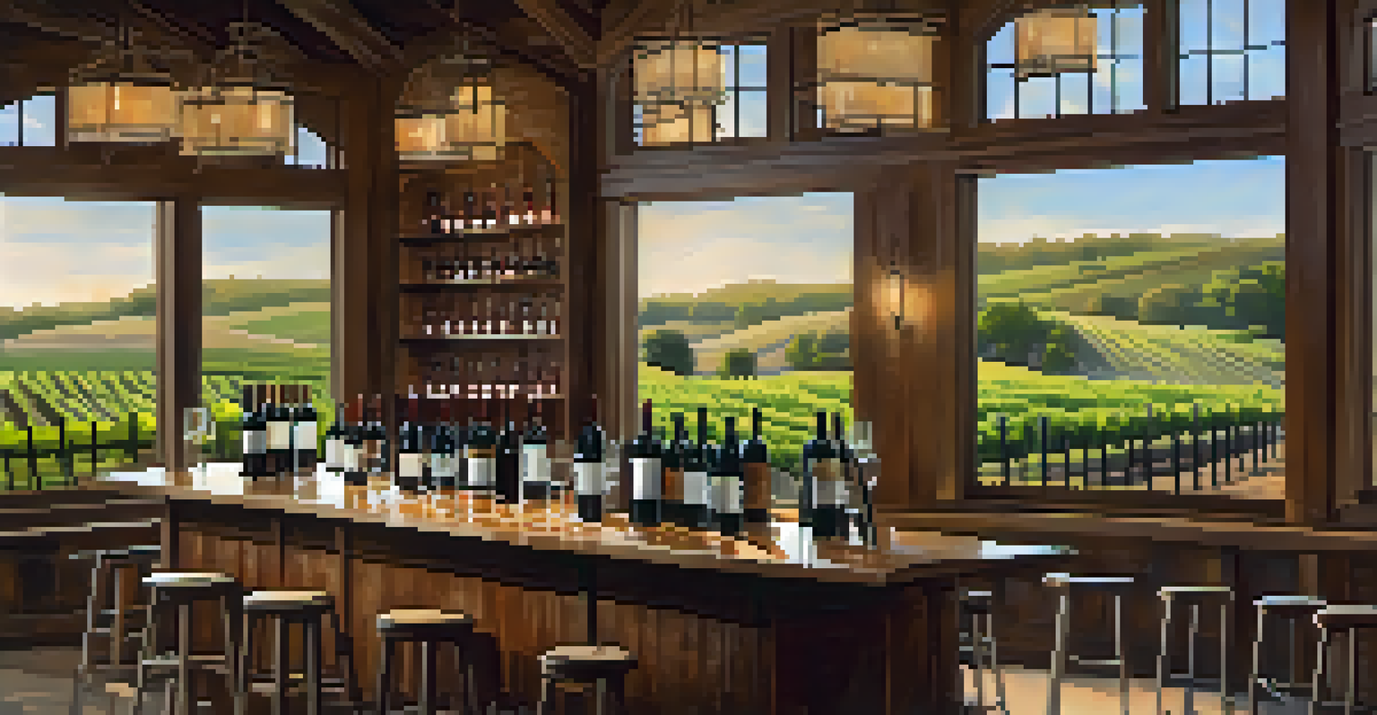 A cozy wine tasting room at Merkin Vineyards, with guests enjoying wine and a view of the vineyard outside.