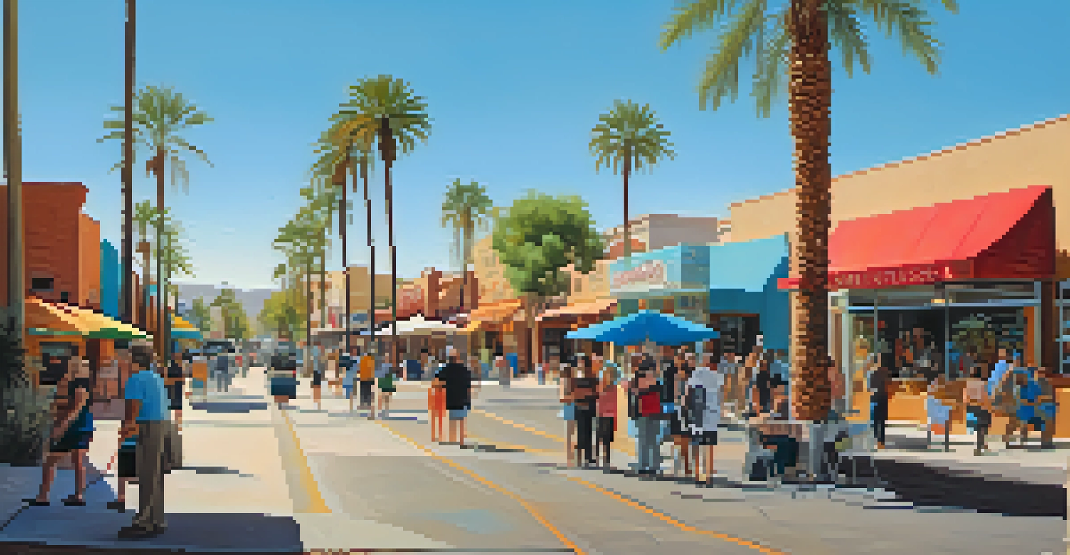 A lively arts district in Scottsdale with colorful murals and sculptures.