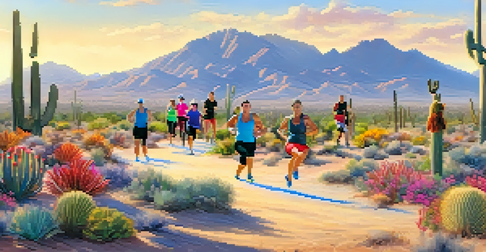 A diverse group of people working out in a sunny outdoor boot camp, with a desert landscape and a lake in the background.