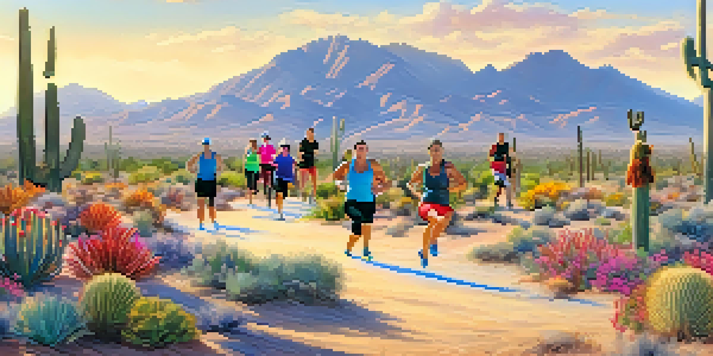 A diverse group of people working out in a sunny outdoor boot camp, with a desert landscape and a lake in the background.