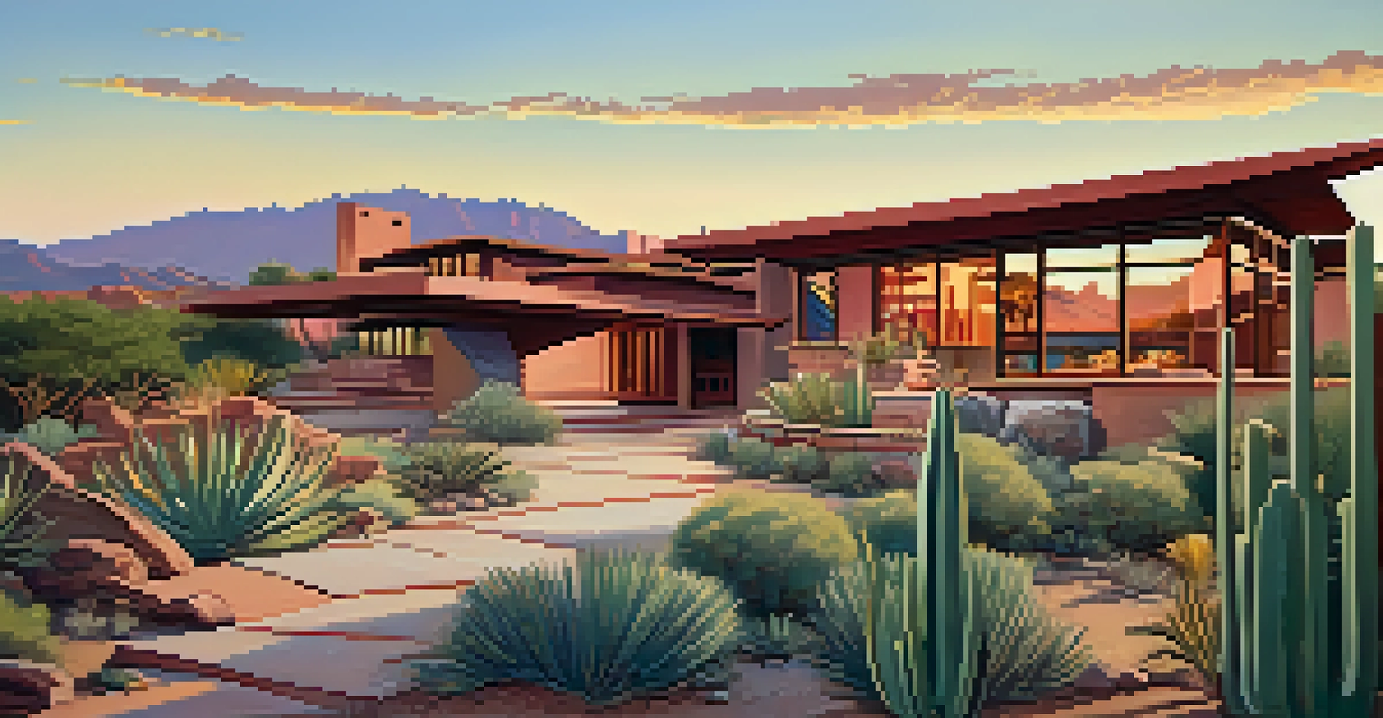 Taliesin West, an architectural masterpiece by Frank Lloyd Wright, surrounded by desert plants during sunset.