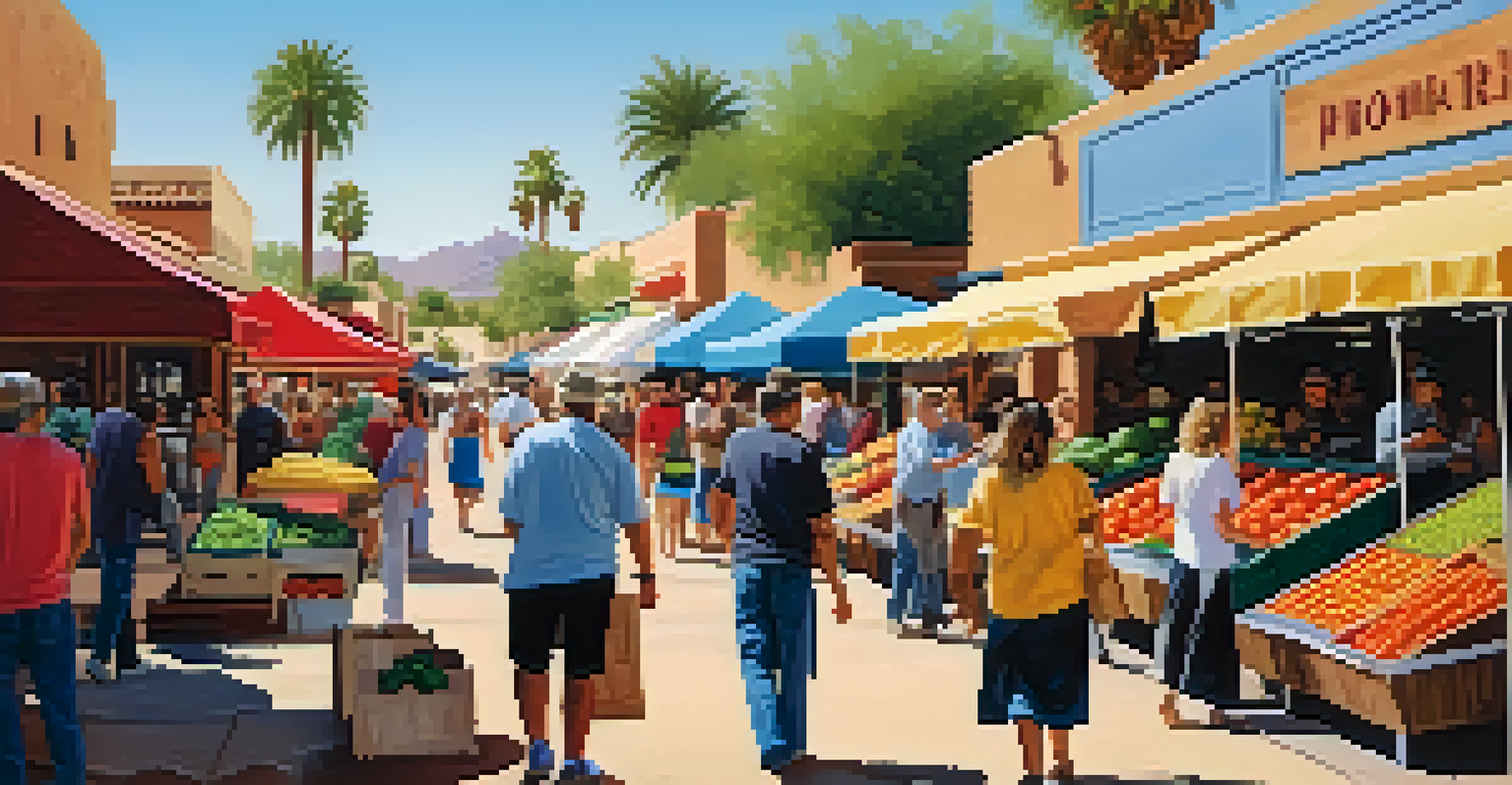 A lively outdoor market scene in Old Town Scottsdale, with colorful stalls, diverse people, and historic buildings under a clear blue sky.