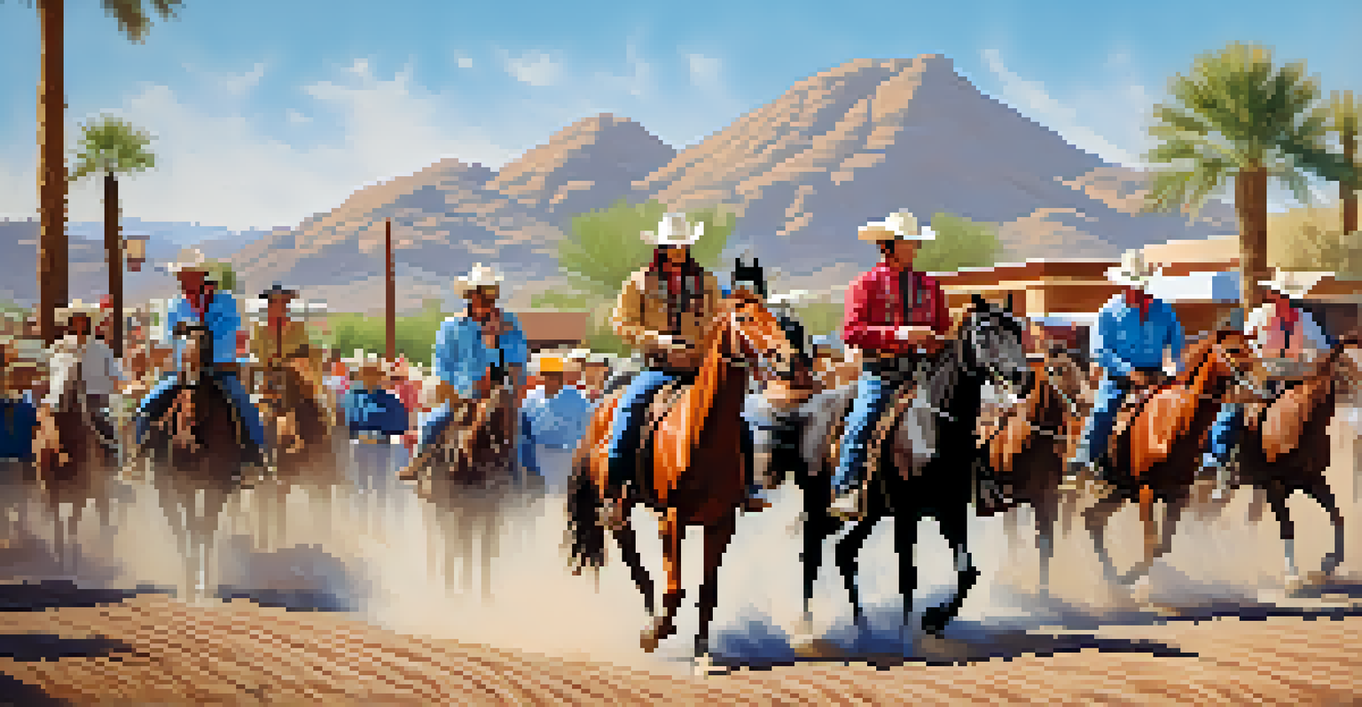 A lively cowboy parade in Scottsdale with participants on horseback and a desert landscape in the background.