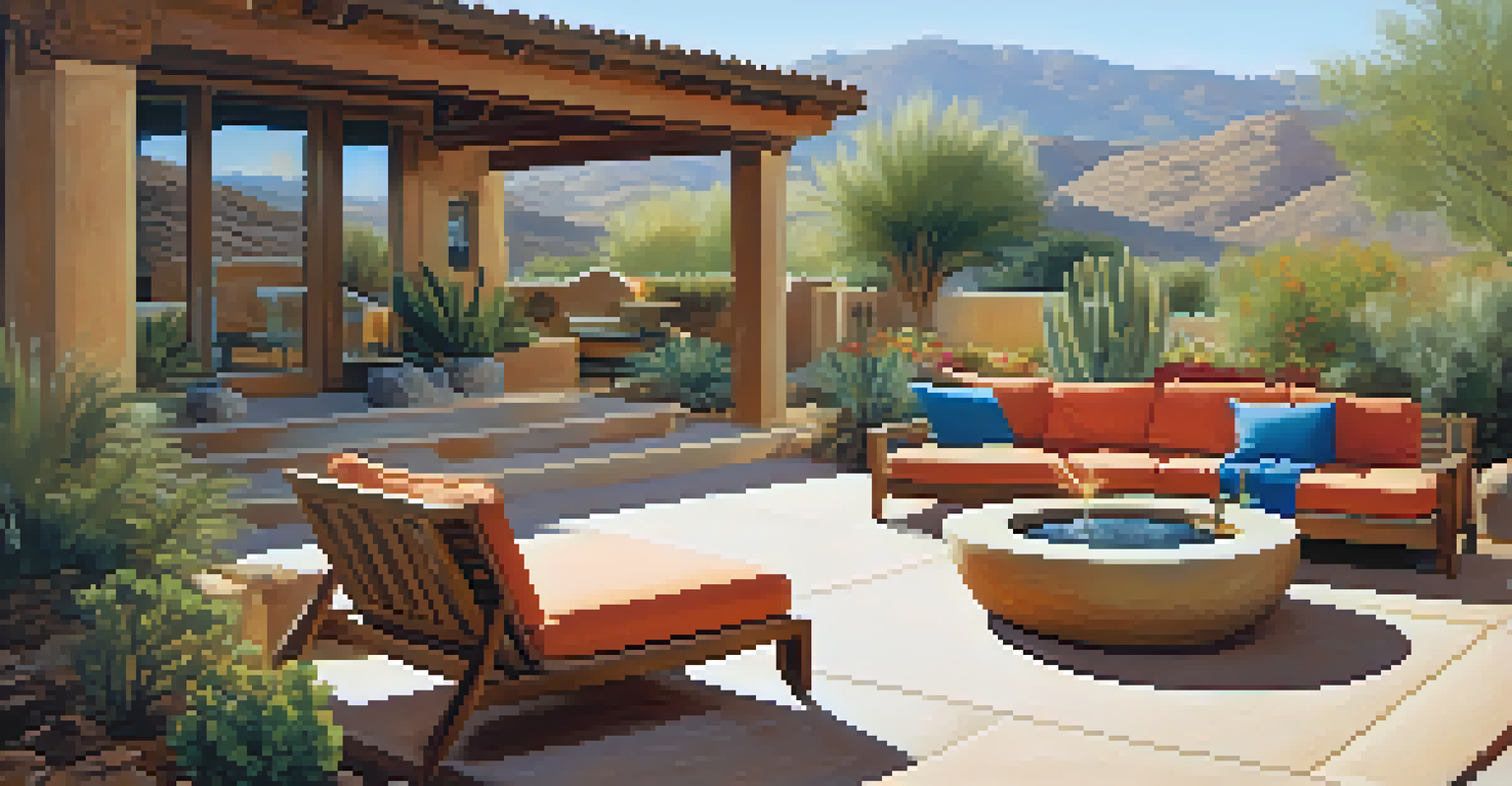 A shaded outdoor patio with colorful cushions and a water feature, surrounded by native plants and stone hills.