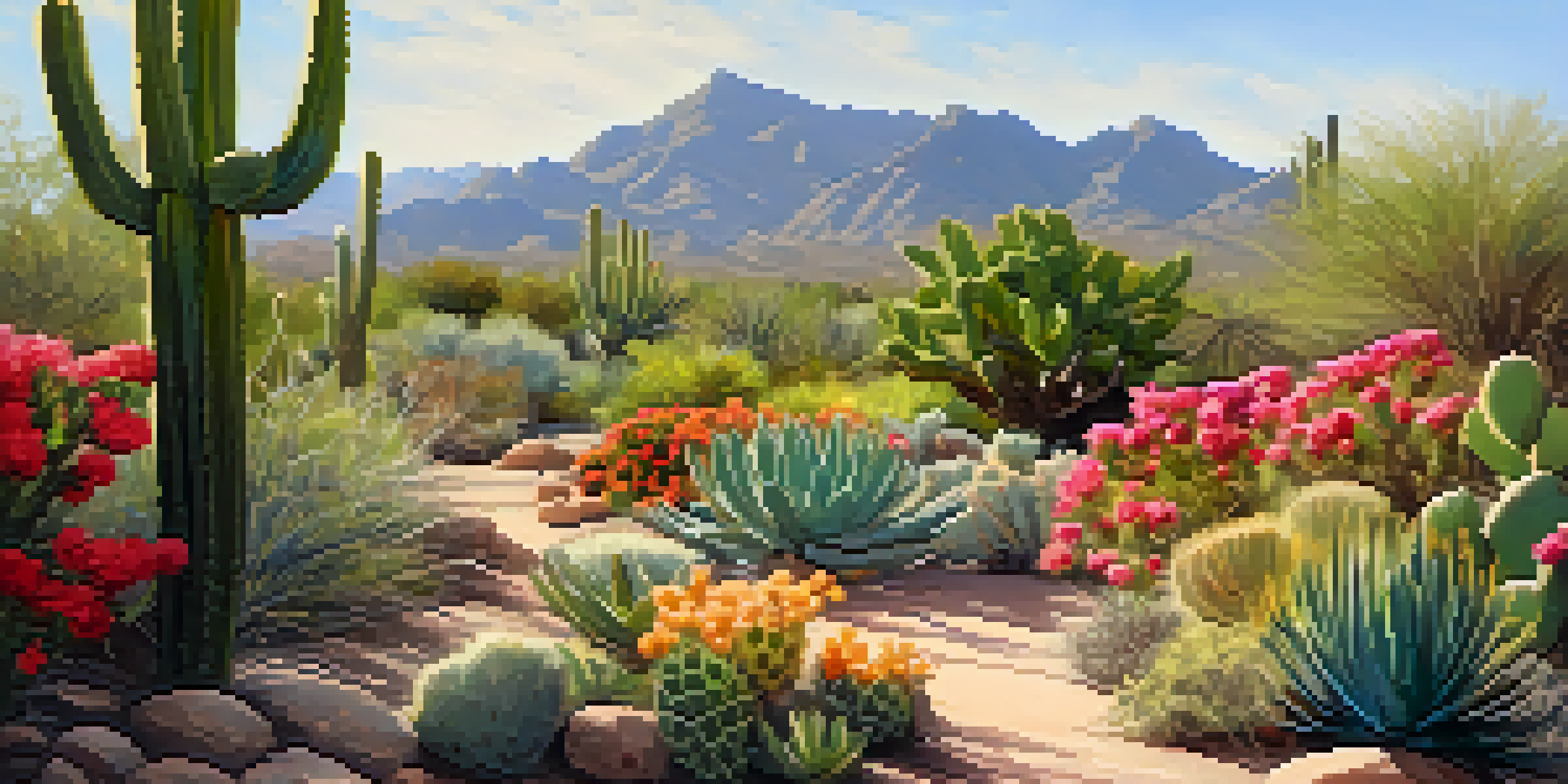 A peaceful garden filled with vibrant cacti and colorful flowers, with a winding path inviting meditation.