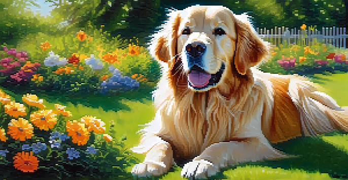 A golden retriever sitting on a green lawn surrounded by flowers, basking in the sunlight.