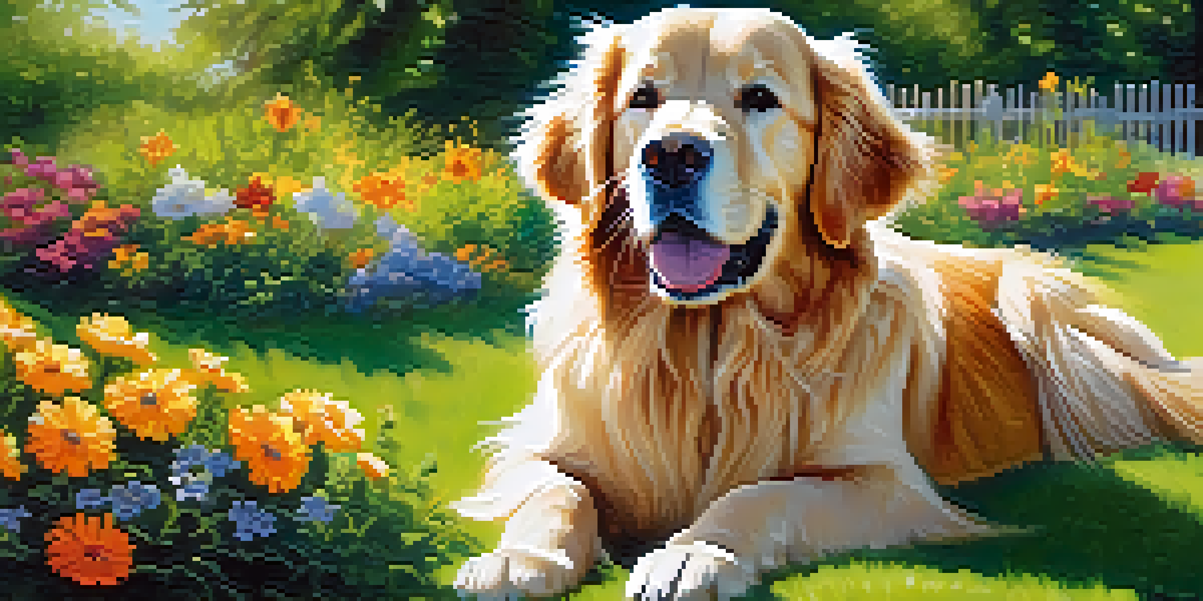 A golden retriever sitting on a green lawn surrounded by flowers, basking in the sunlight.