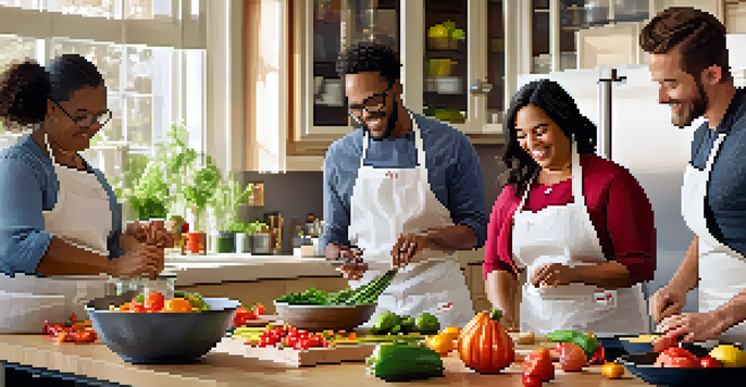 A lively cooking class in Scottsdale with diverse participants engaged in cooking activities under the guidance of a chef, surrounded by fresh produce and cooking utensils.