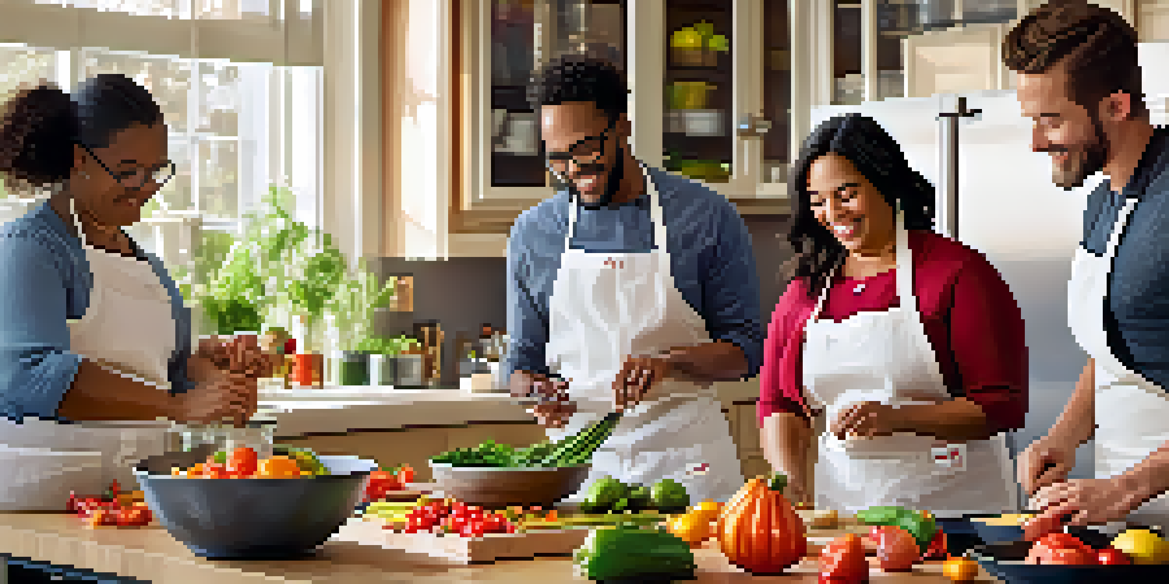 A lively cooking class in Scottsdale with diverse participants engaged in cooking activities under the guidance of a chef, surrounded by fresh produce and cooking utensils.