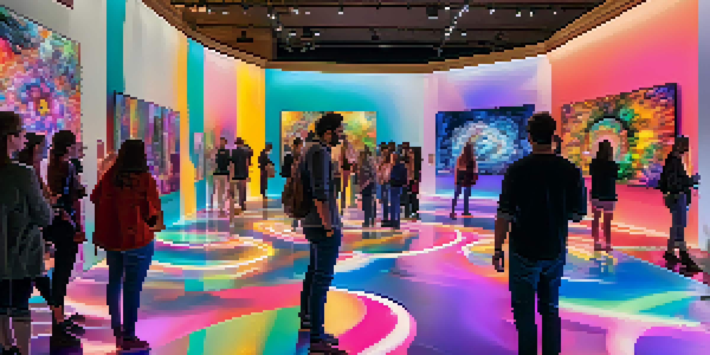 A lively digital art exhibition with diverse attendees engaging with colorful digital installations and augmented reality displays.