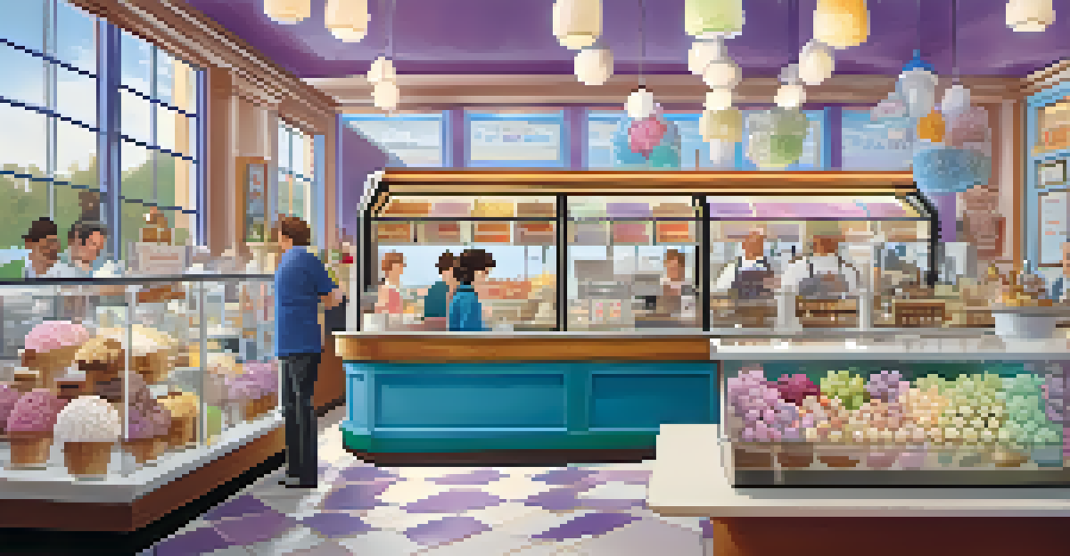 A colorful ice cream parlor with a variety of flavors and a staff member serving a customer.