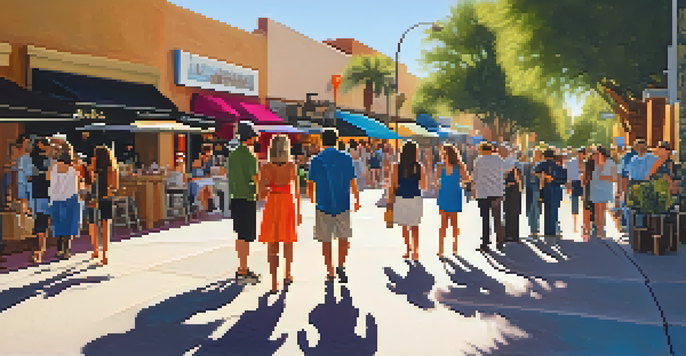 A lively street scene during the Scottsdale ArtWalk with art enthusiasts, colorful sculptures, and warm lighting.