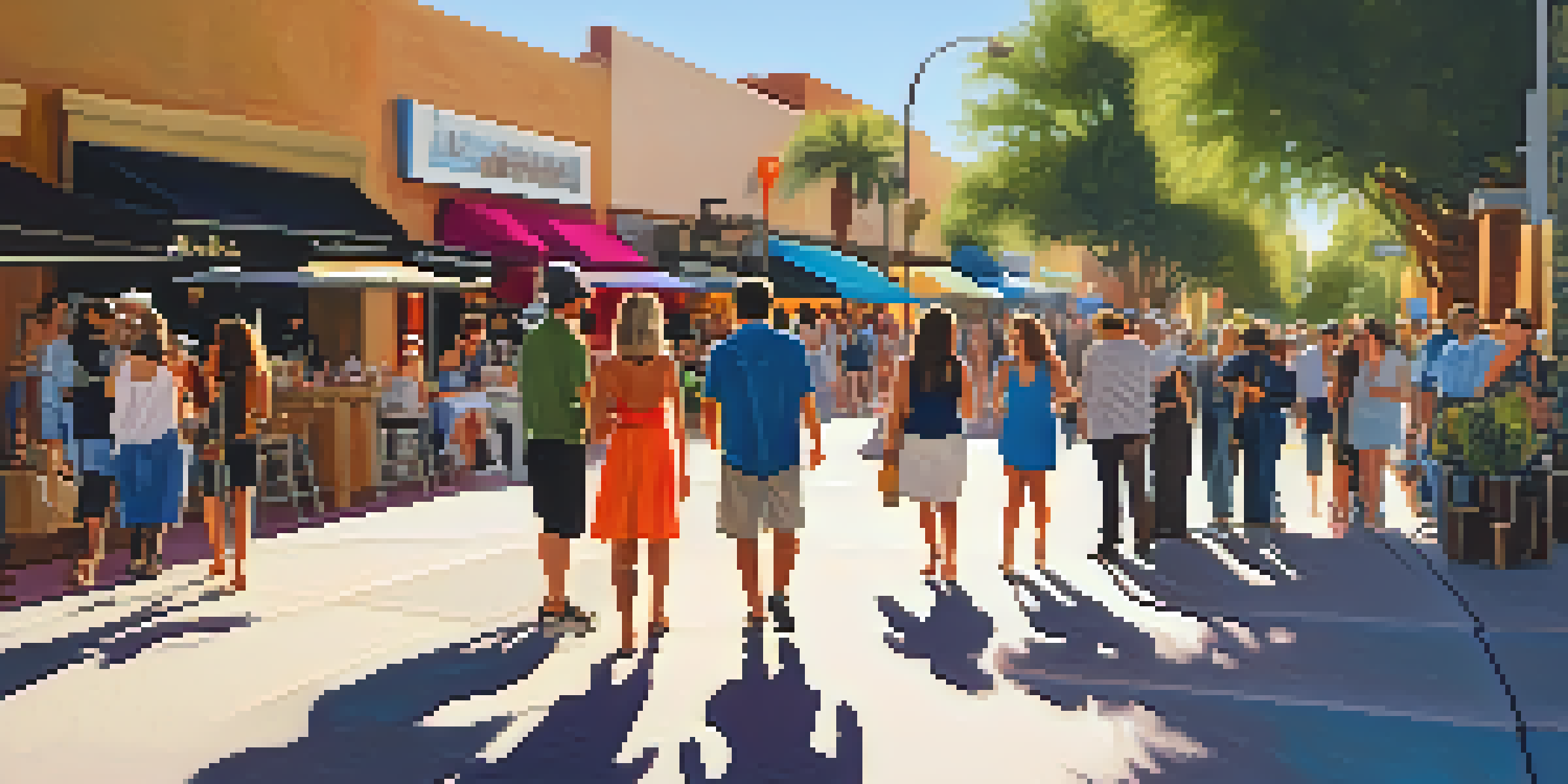 A lively street scene during the Scottsdale ArtWalk with art enthusiasts, colorful sculptures, and warm lighting.