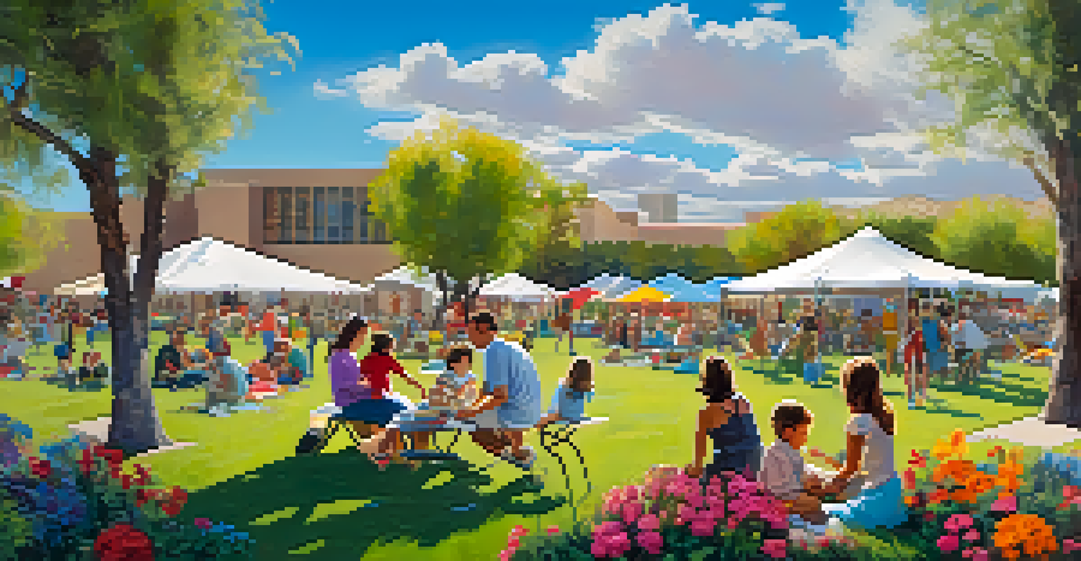 Families picnicking on a lawn surrounded by colorful flowers and art, enjoying a sunny day.