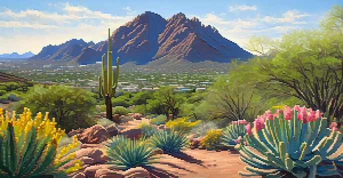 A picturesque view of Camelback Mountain surrounded by colorful wildflowers under a bright blue sky, with hikers on the trail.