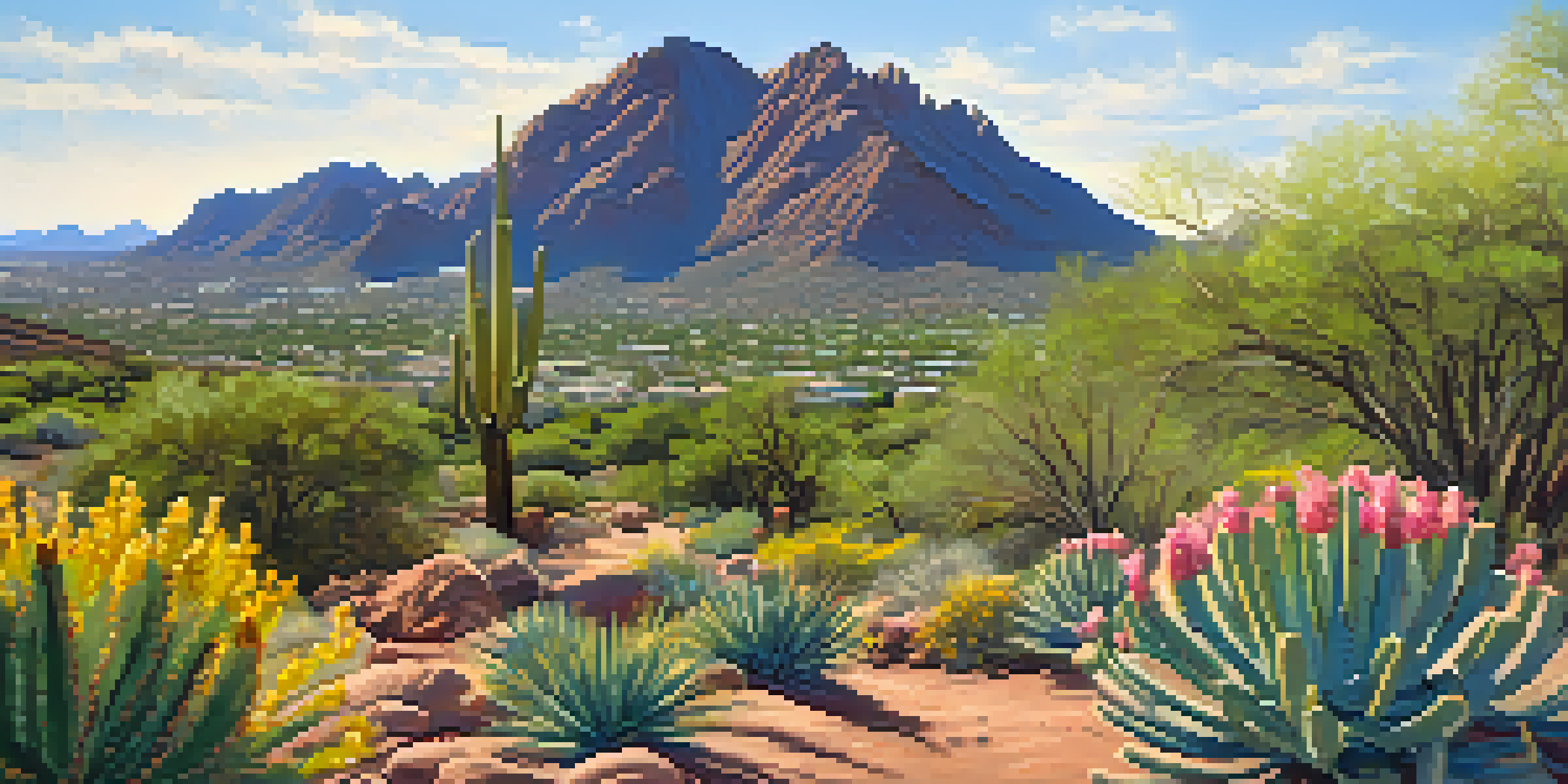 A picturesque view of Camelback Mountain surrounded by colorful wildflowers under a bright blue sky, with hikers on the trail.