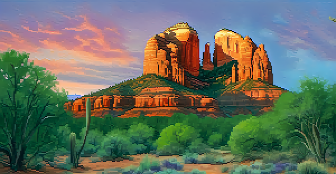A view of Cathedral Rock at sunset, showcasing vibrant colors in the sky and the rock formation surrounded by greenery.