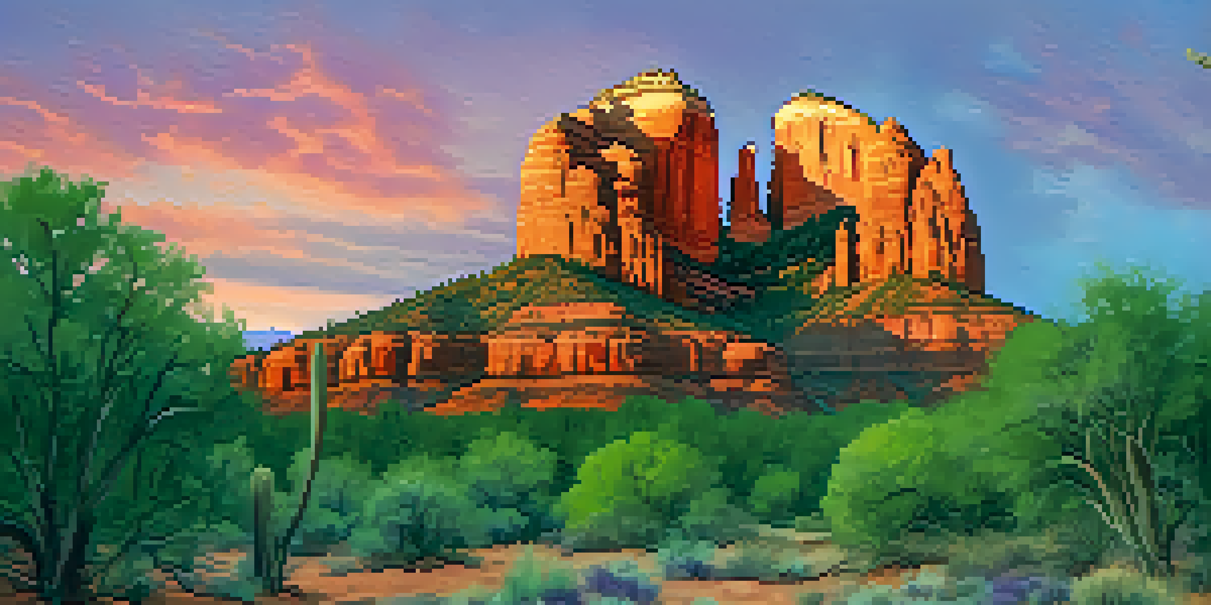 A view of Cathedral Rock at sunset, showcasing vibrant colors in the sky and the rock formation surrounded by greenery.