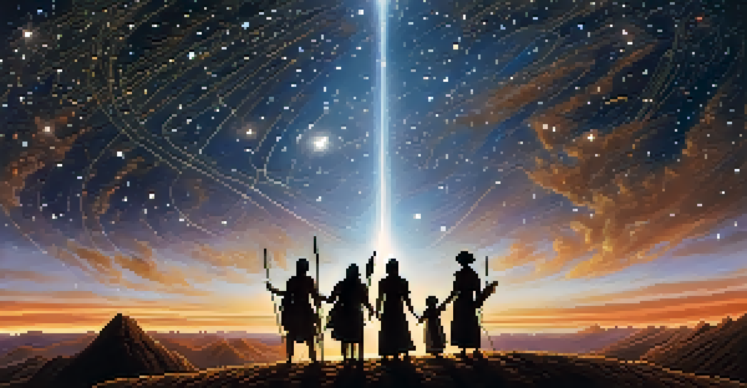 Celestial beings representing the Star People above Native Americans, depicting a connection with the cosmos.