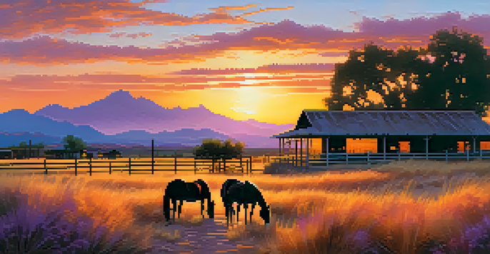 A scenic ranch in Scottsdale at sunset with a barn, horses, and colorful sky.