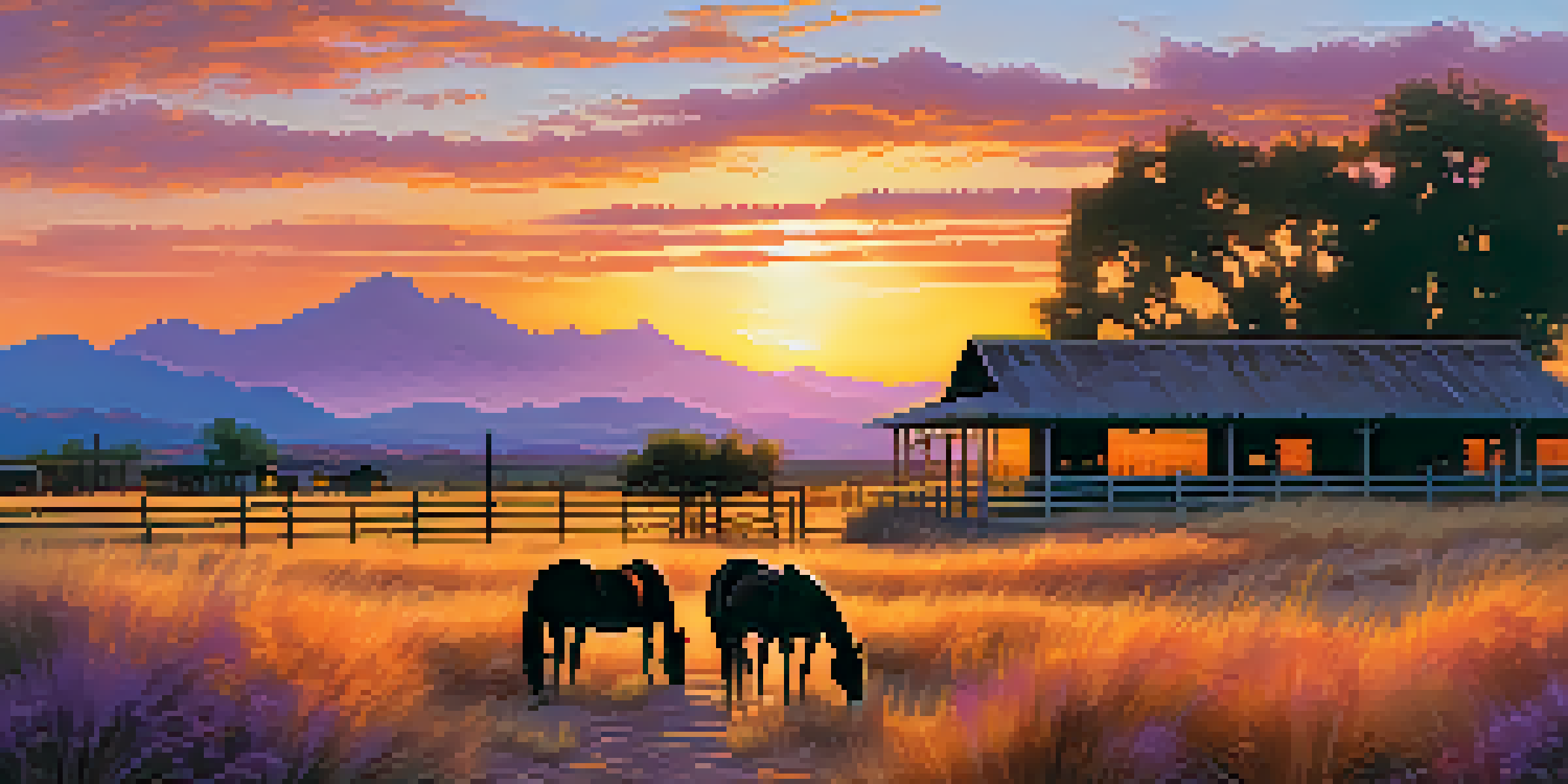A scenic ranch in Scottsdale at sunset with a barn, horses, and colorful sky.
