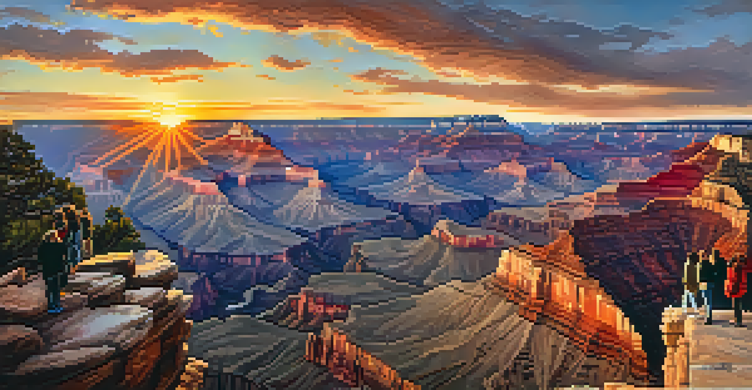 Visitors at Mather Point admiring the sunset over the Grand Canyon, with golden light enhancing the colorful rock formations.