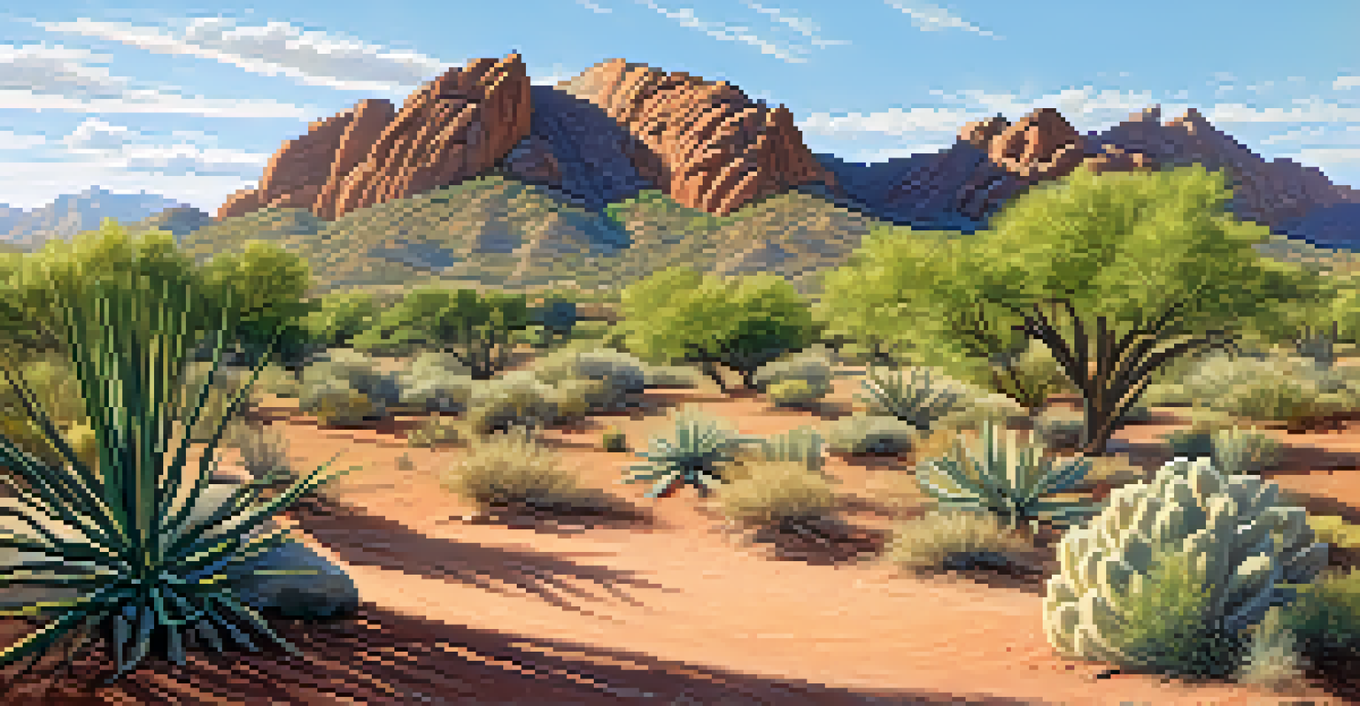 A panoramic view of Camelback Mountain Park with rock formations and desert plants under bright sunlight.