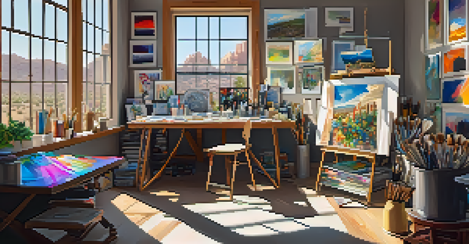 An artist's studio in Scottsdale, cluttered with colorful canvases, paintbrushes, and digital art tools, bathed in soft morning light.
