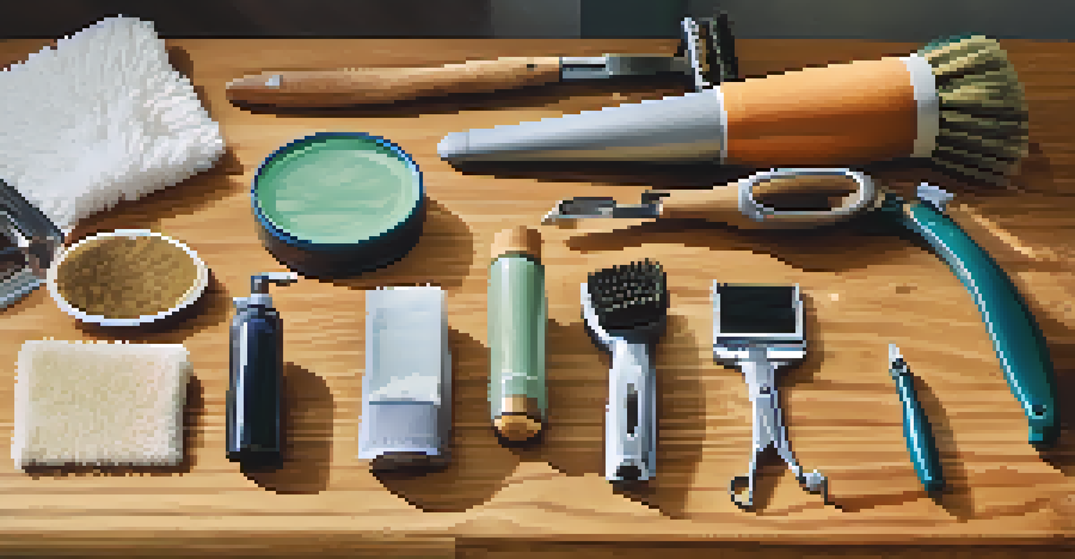 A collection of pet grooming tools on a wooden table with a dog in the background.