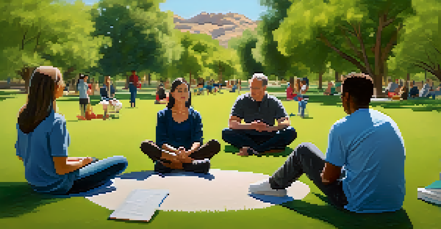 A peaceful park scene with a group in a circle participating in a mental health workshop under the shade of trees.