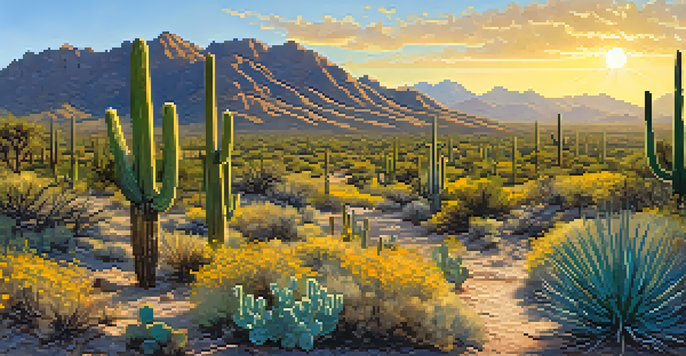 A picturesque hiking trail in the McDowell Sonoran Preserve, surrounded by saguaro cacti and wildflowers under a sunny sky.