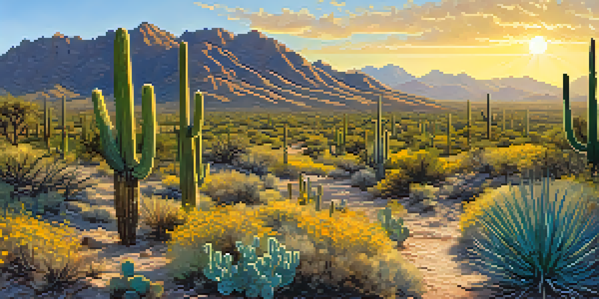 A picturesque hiking trail in the McDowell Sonoran Preserve, surrounded by saguaro cacti and wildflowers under a sunny sky.