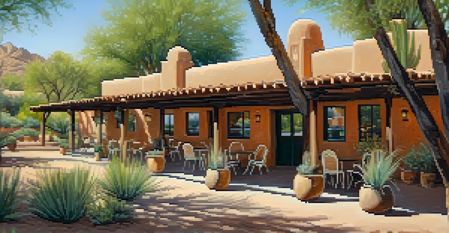 A charming adobe-style hotel with cozy outdoor seating and lush landscaping under warm sunlight, creating a welcoming atmosphere.