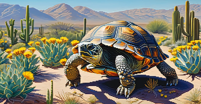 A desert tortoise in a vibrant desert landscape, surrounded by cacti and flowers, with sunlight illuminating its shell.