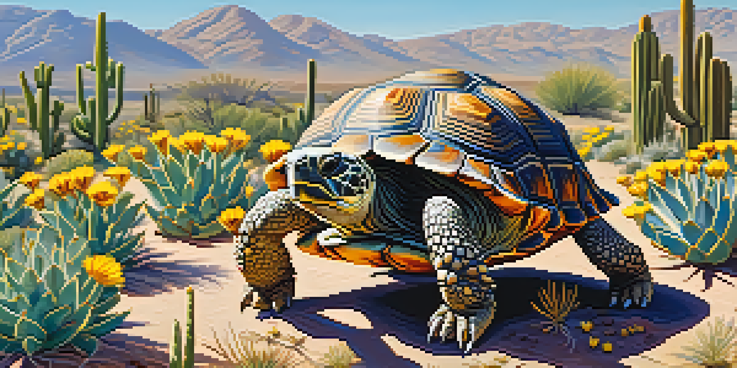 A desert tortoise in a vibrant desert landscape, surrounded by cacti and flowers, with sunlight illuminating its shell.
