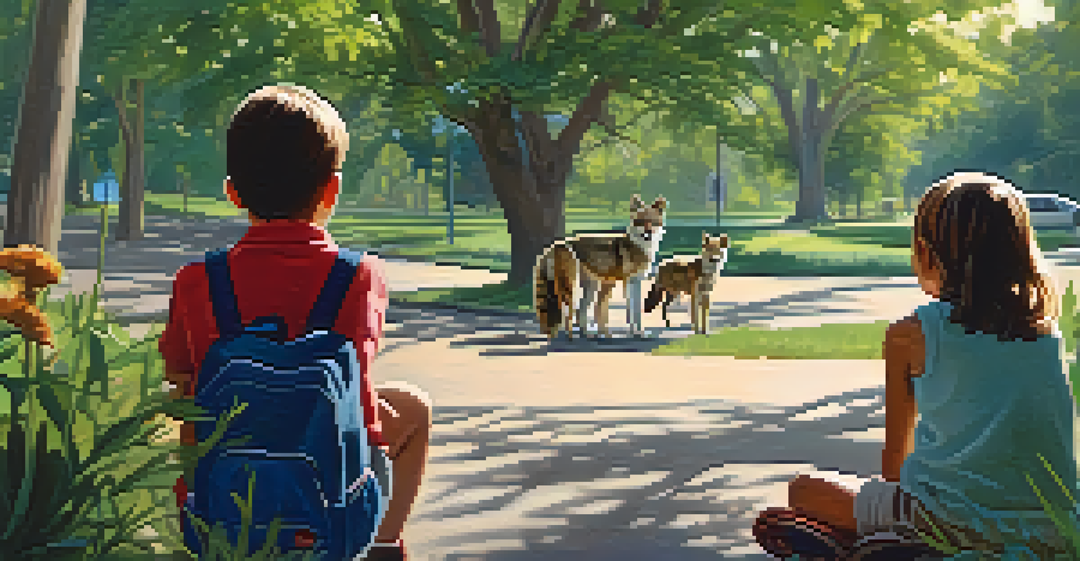 Children using binoculars to observe coyotes in a park, surrounded by native plants and trees, under warm sunlight.