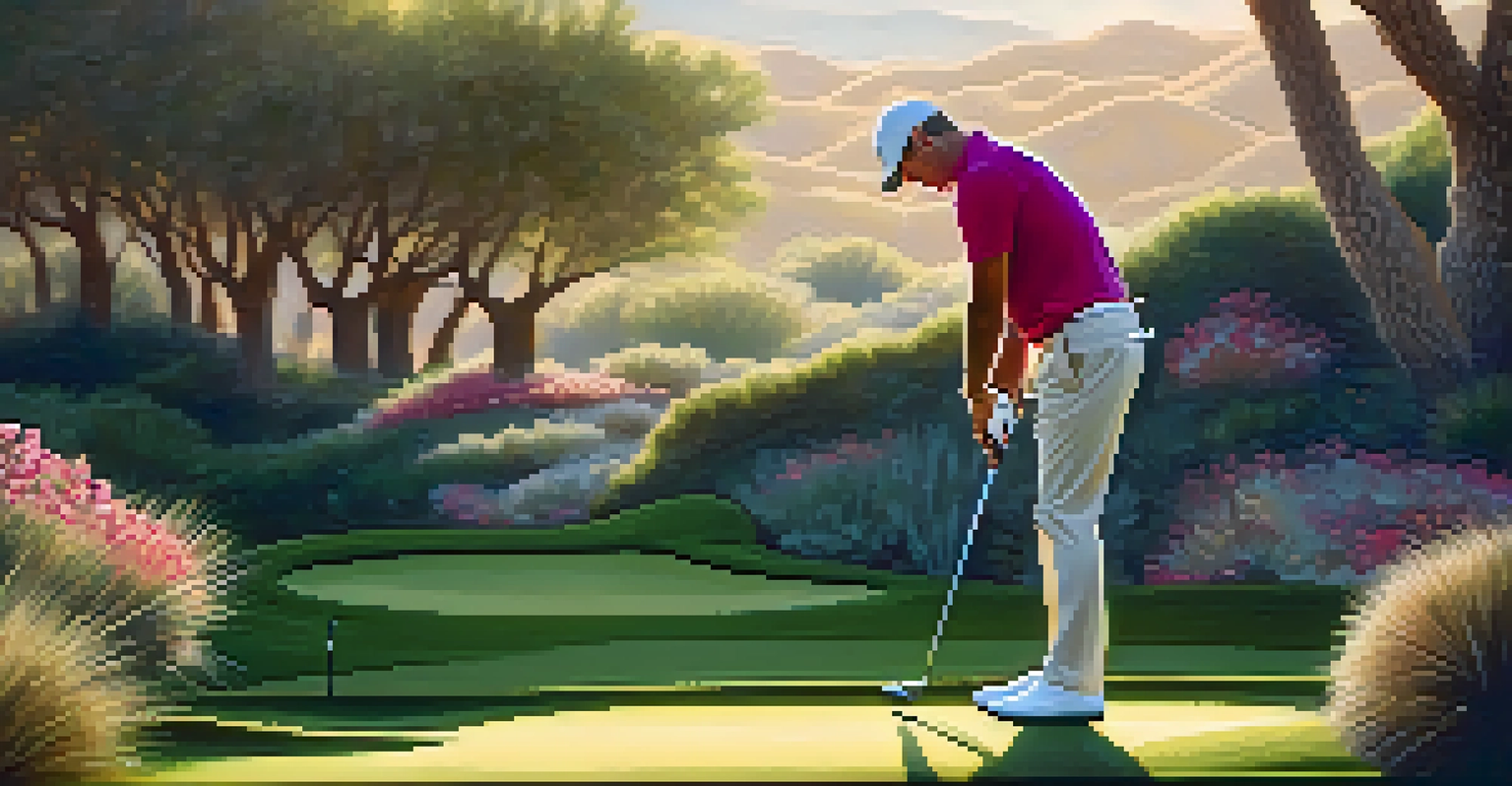 A golfer preparing to putt on a green, surrounded by desert flora and sunlight.