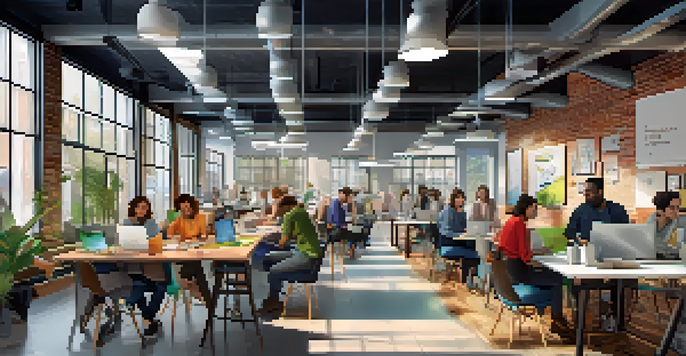 A busy co-working space with entrepreneurs collaborating, large windows, modern furniture, and colorful artwork.