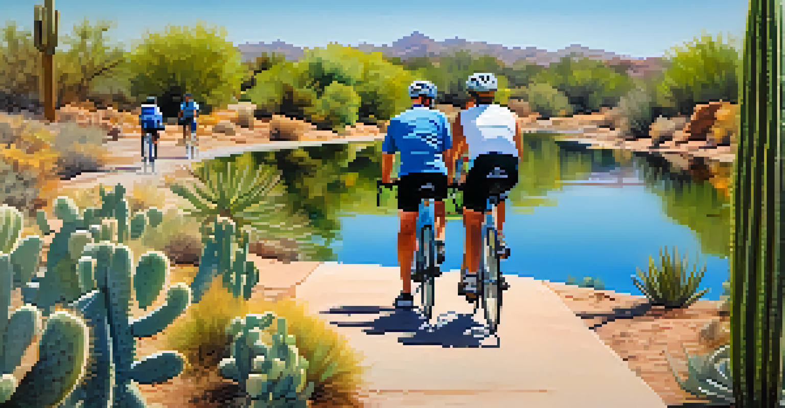 A group of cyclists riding along a canal path with cacti and reflections on the water.