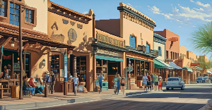 A historical view of Old Town Scottsdale with adobe-style buildings and tourists exploring shops.