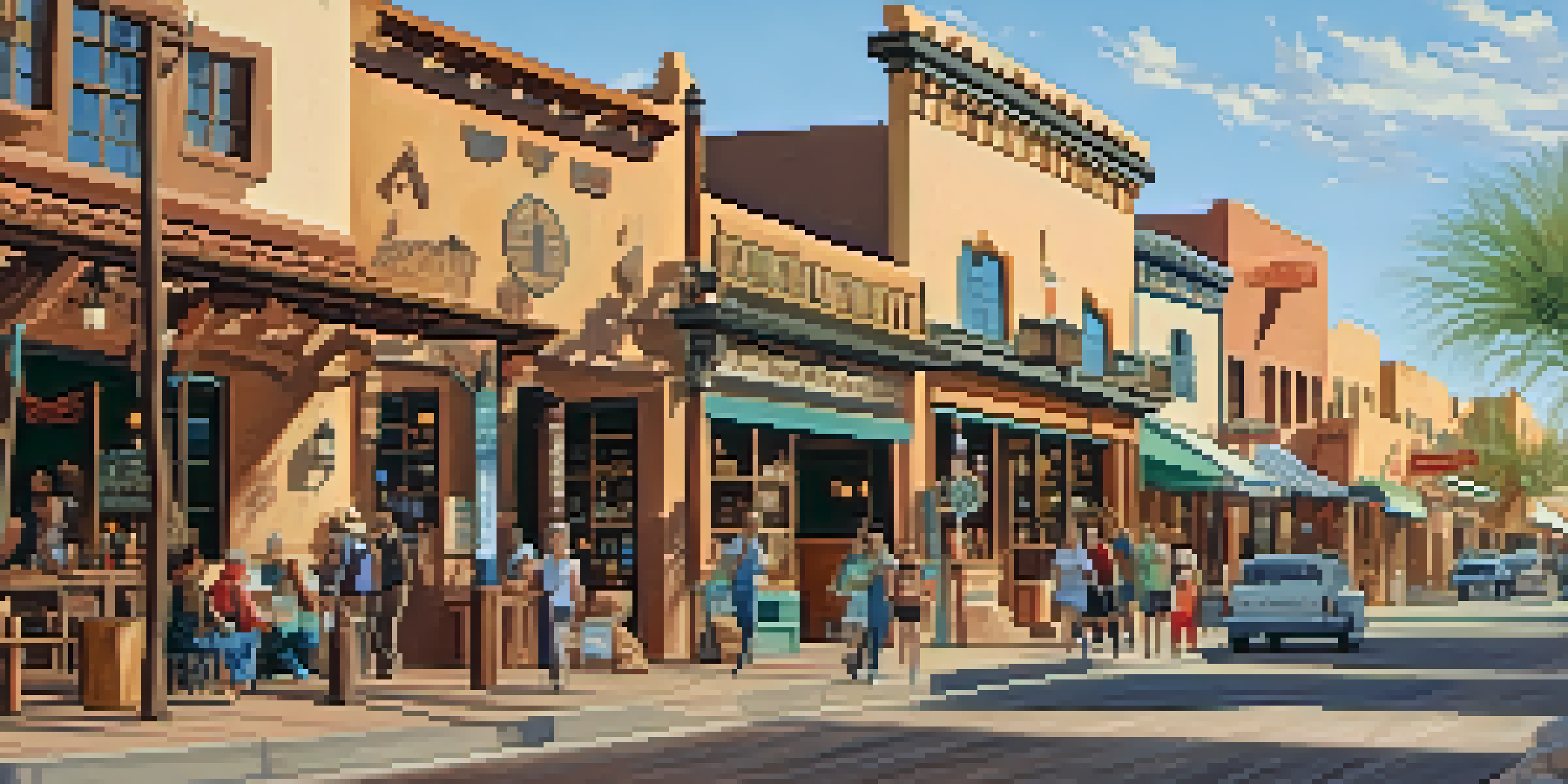 A historical view of Old Town Scottsdale with adobe-style buildings and tourists exploring shops.