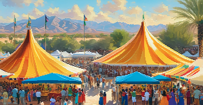 A lively cultural festival in Scottsdale with people enjoying music and dance, colorful tents, and food stalls under warm sunlight.