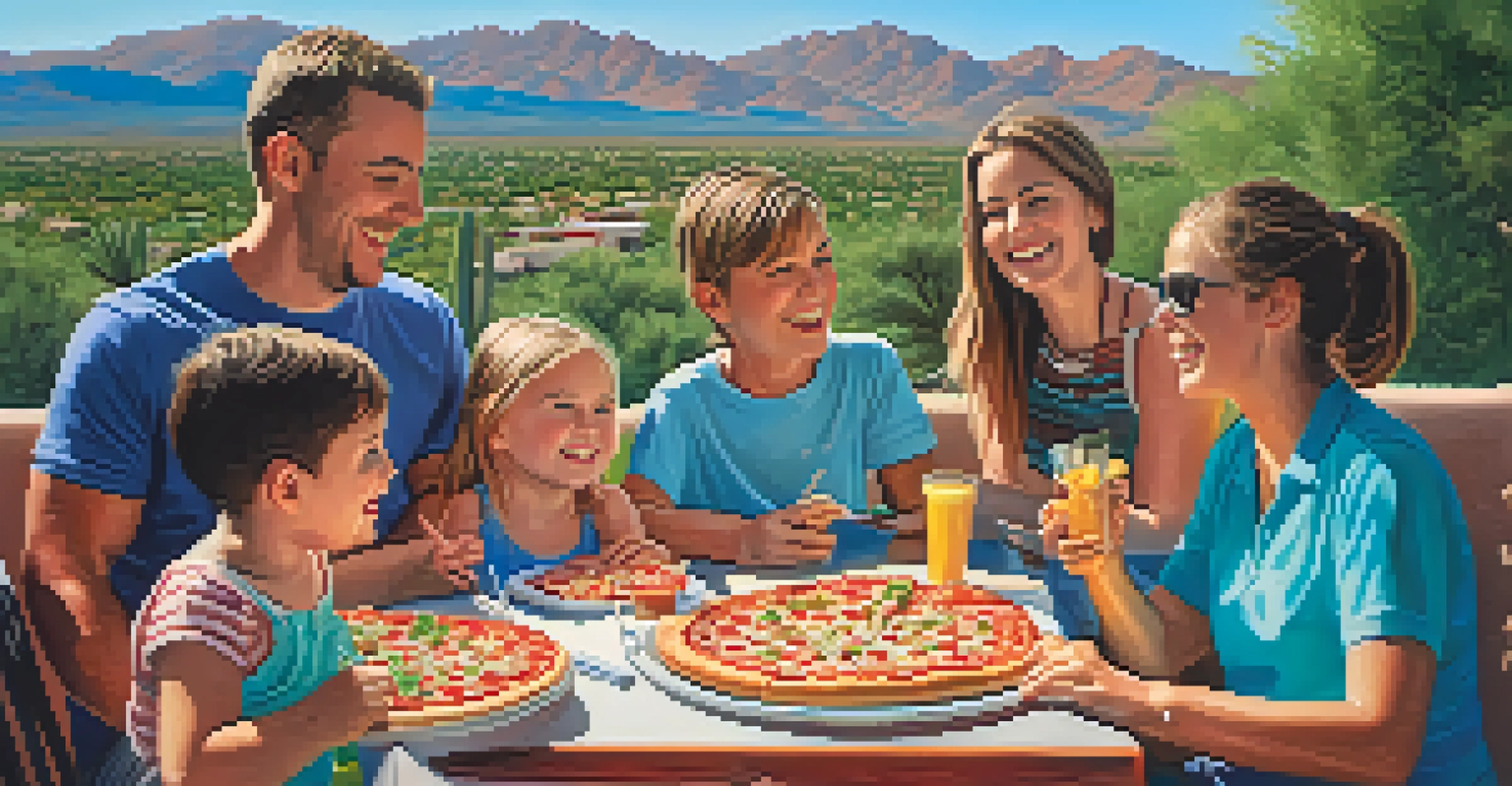 A family happily sharing pizza at a restaurant with the McDowell Mountains in the background on a sunny day.