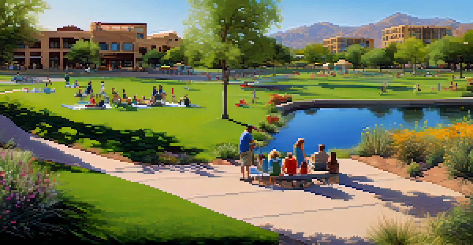 Families enjoying a sunny day at Scottsdale Waterfront Park, with picnic areas and a peaceful lake.