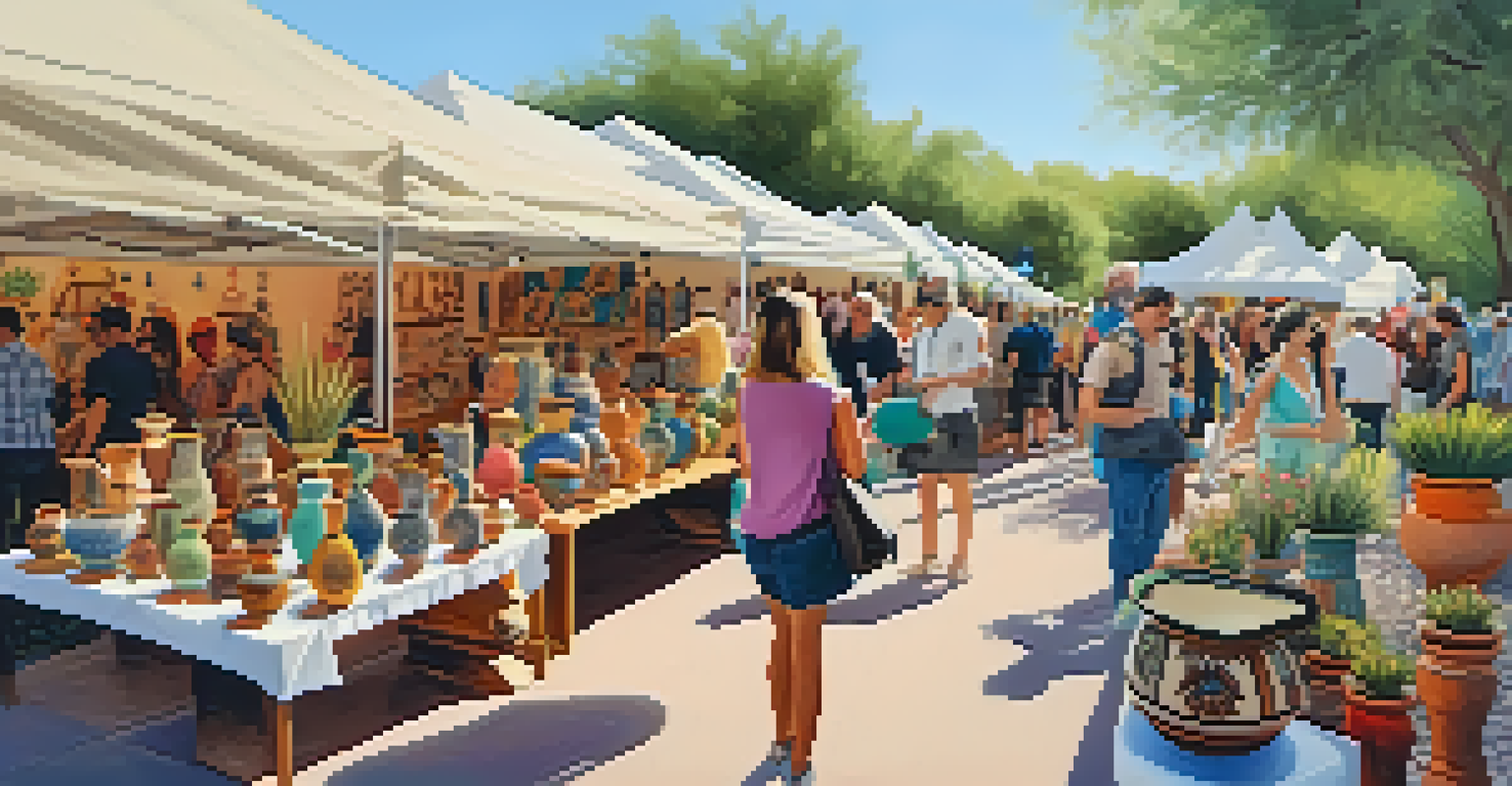 An outdoor art fair with various pottery pieces displayed on tables and artists engaging with visitors.