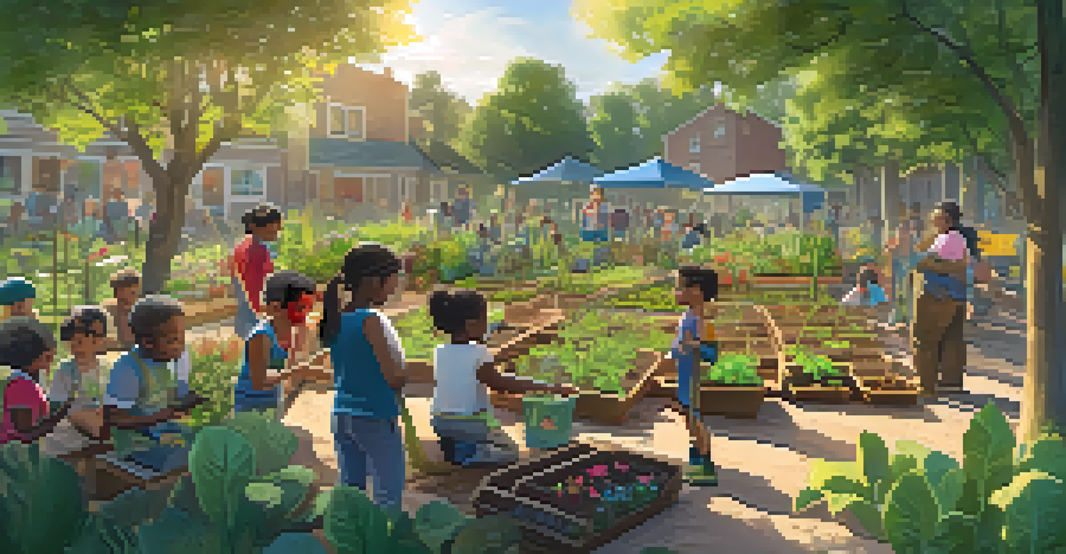 A community garden workshop with a diverse group of participants learning about gardening techniques, with colorful educational materials and plants around.